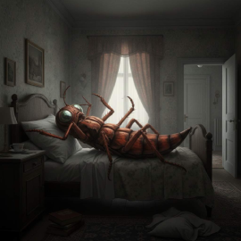 a giant bug on a bed